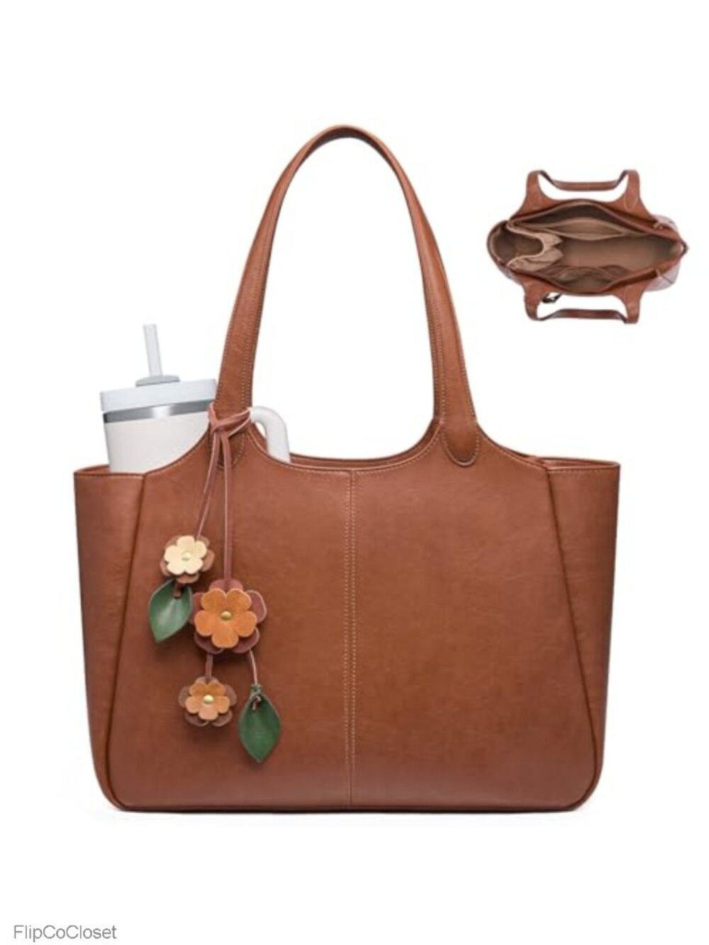 Vegan Leather Tote Bag for Women Work Shoulder Bag 40oz Cup Holder 14in Laptop